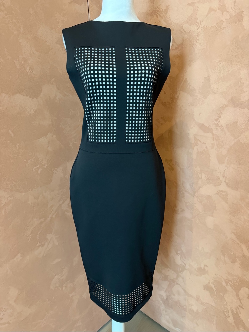Reed Krakoff Black Sleeveless Sheath Dress with Geometric Cutouts.